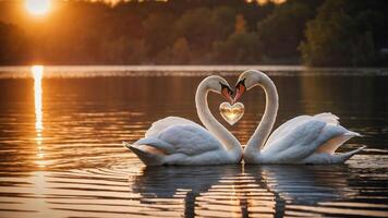 Two swans forming a heart shape with their necks at sunset over a tranquil lake. photo