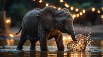 A playful baby elephant splashes in water while interacting with a woven heart-shaped object. photo