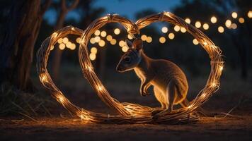A kangaroo poses within heart-shaped lights in a serene outdoor setting at dusk. photo