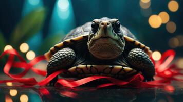 A close-up of a turtle adorned with red ribbons, set against a soft, illuminated background. photo