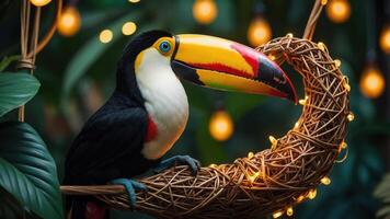 A colorful toucan perched on a decorative crescent, surrounded by warm lights and greenery. photo