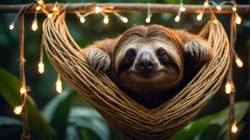 A sloth relaxing in a woven hammock adorned with fairy lights in a lush environment. photo