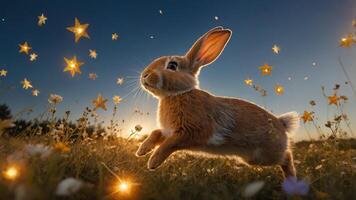 A rabbit joyfully leaps through a field under a starry sky at sunset. photo