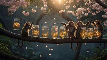 Monkeys gather around glowing jars on a tree branch under blooming flowers. photo