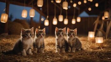Four adorable kittens sitting on straw with glowing lanterns in a cozy barn setting. photo
