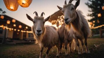 Two goats standing in a softly lit outdoor setting with hanging lanterns. photo