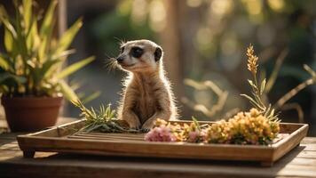 A curious meerkat perched on a wooden tray surrounded by flowers and greenery. photo