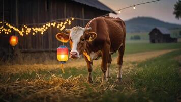 A cow stands in a field near a barn, illuminated by colorful lanterns at dusk. photo