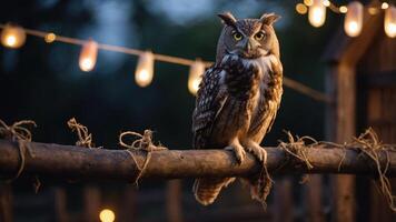 An owl perched on a wooden beam, illuminated by string lights in a twilight setting. photo