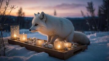A serene arctic fox surrounded by glowing candles in a snowy landscape at dusk. photo