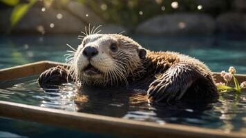 un juguetón nutria flotadores en agua, rodeado por naturaleza, disfrutando un sereno momento. foto