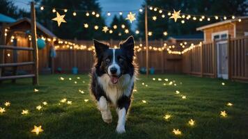 A joyful dog runs through a garden adorned with twinkling lights and stars at dusk. photo