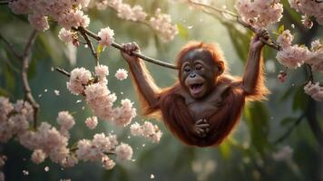 A playful orangutan hanging from a branch surrounded by cherry blossoms in a serene setting. photo