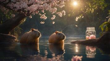 Two capybaras in a serene water setting surrounded by cherry blossoms and a jar of flowers. photo