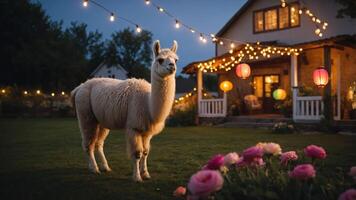 A serene evening scene featuring an alpaca in a garden with string lights and flowers. photo