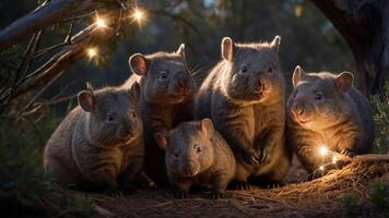 A group of five playful wombats gathered in a forest, illuminated by soft lights. photo