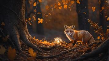 A fox stands amidst autumn leaves, illuminated by a glowing lantern in a serene forest setting. photo