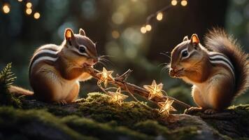 Two chipmunks play with glowing star-shaped lights in a serene forest setting. photo