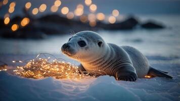 A seal pup lying on snow, surrounded by glowing fairy lights against a serene backdrop. photo