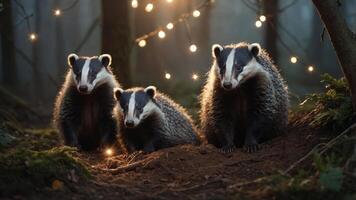 Three badgers in a misty forest, illuminated by soft lights. photo