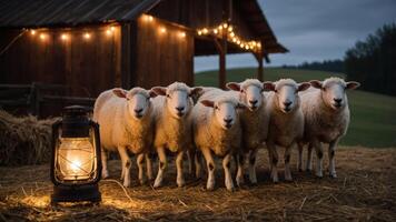 A group of sheep stands by a lantern near a barn, illuminated by string lights at dusk. photo