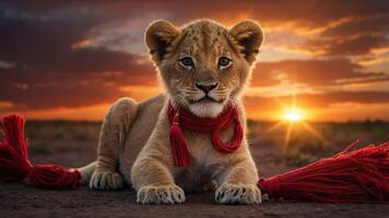 A playful lion cub rests on the ground at sunset, adorned with a red scarf. photo