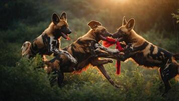 Three playful wild dogs engaging with a red object in a natural setting during sunset. photo