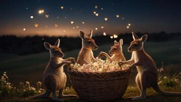 Four kangaroos gather around a basket of flowers under a starry sky, creating a whimsical scene. photo