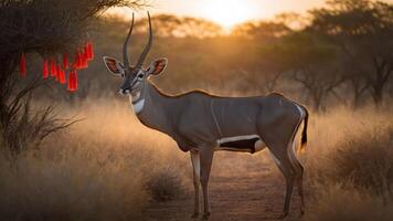 A graceful antelope stands in a sunlit savanna, surrounded by red decorations on a tree. photo
