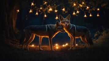 Two wolves illuminated by glowing lights in a dark forest setting. photo