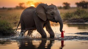 An elephant playfully splashes in water at sunset, holding a red object in its trunk. photo