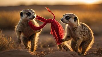 Two meerkats playfully sharing a red scarf in a warm, desert setting during sunset. photo