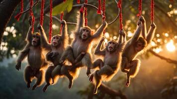 Five monkeys playfully hanging from ropes in a natural setting during sunset. photo