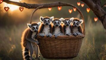Five lemurs sitting in a basket with heart-shaped lights in a warm sunset setting. photo