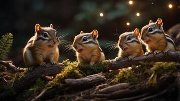 Four chipmunks perched on a log, surrounded by moss and soft lighting. photo