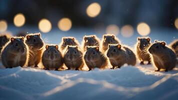 A group of small rodents gathered in the snow, illuminated by soft lights in the background. photo