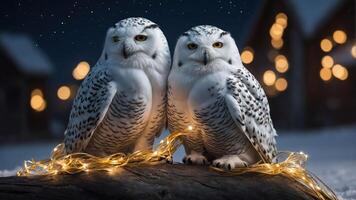 Two snowy owls perched together, wrapped in fairy lights against a snowy backdrop. photo