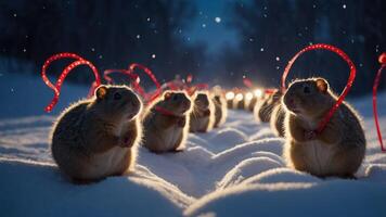 Squirrels with red ribbons in a snowy landscape during a nighttime snowfall. photo