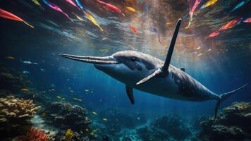 A serene underwater scene featuring a dolphin swimming among colorful coral and fish. photo