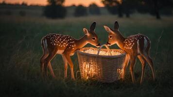 Two fawns curiously approach a glowing basket in a serene outdoor setting at dusk. photo