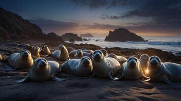 A group of seals resting on a beach at sunset, showcasing nature's tranquility. photo