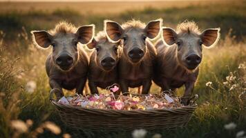 Four playful piglets gathered around a basket of colorful decorations in a sunny field. photo