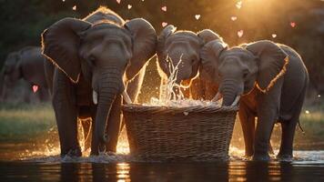 Three elephants playfully interacting with a basket in a serene water setting during sunset. photo