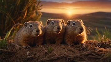 Three small rodents sit together on the ground at sunset, creating a serene wildlife scene. photo