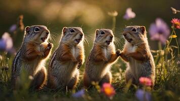 Four squirrels standing in a field of flowers, appearing to communicate or interact. photo