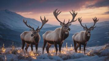 Three reindeer stand in a snowy landscape at sunset, illuminated by soft lights. photo