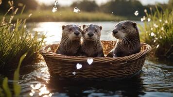 Three otters playfully sitting in a woven basket on a serene water surface. photo