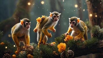 Three playful monkeys on a branch adorned with flowers and pinecones in a forest setting. photo