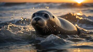 A seal emerges from the ocean waves during sunset, showcasing its playful nature. photo