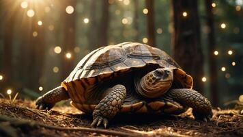 A tortoise in a serene forest, illuminated by soft, magical lights. photo